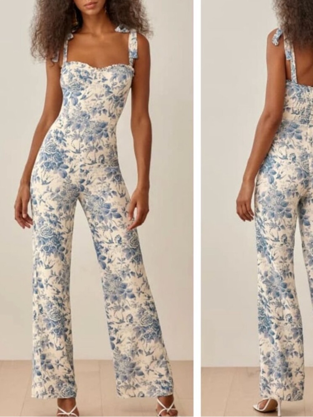 Reformation Blue and Cream Floral Strap Jumpsuit